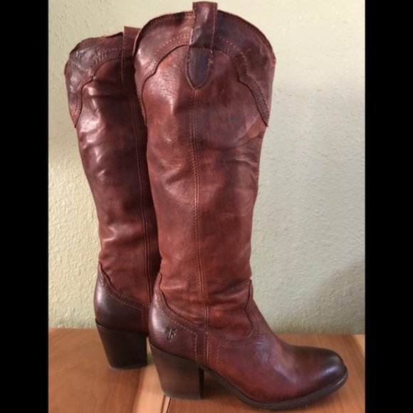 FRYE 6.5 B DISTRESSED COGNAC LEATHER KNEE HIGH BOOTS